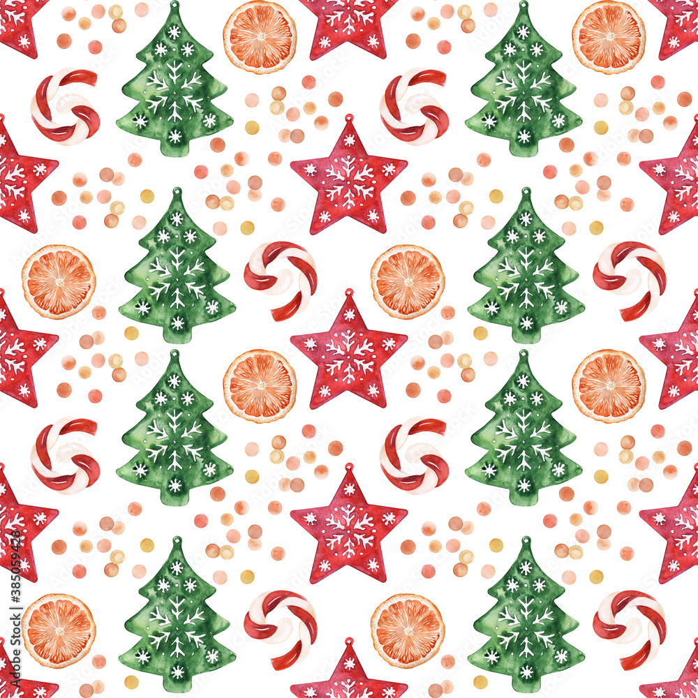 Watercolor seamless pattern with various festive attributes of new Year holidays and Christmas. Decorations, plants and sweets Watercolor seamless pattern with various festive attributes of new Year holidays and Christmas. Decorations, plants and sweets