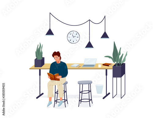 Man reading book vector background. Male character wearing glasses comfortable sitting on a chair and read literature. Cozy modern interior. Concept design of reader