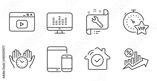 Mobile devices, Safe time and Music making line icons set. Video content, House security and Vip timer signs. Spanner, Loan percent symbols. Smartphone with tablet, Hold clock, Dj app. Vector