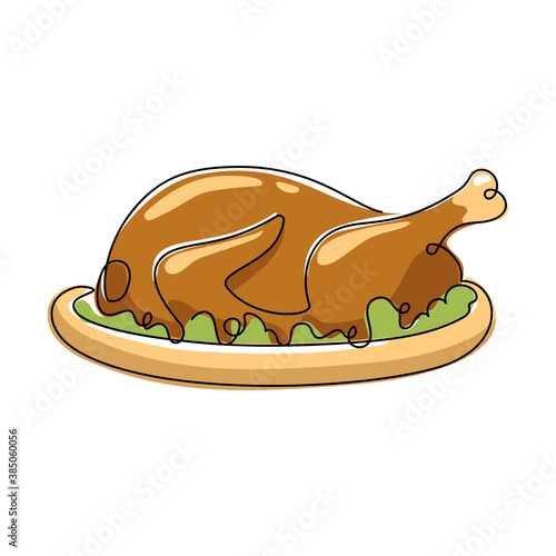 Turkey or baked chicken on plate with greens, one continuous line. Color doodle icon. Stylized hand drawn illustration of Thanksgiving holiday dish. Contour isolated vector. Thin linear drawing