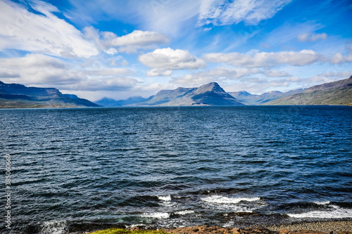 Beautiful Icelandic landscape, volcanic mountains and beautiful clouds.