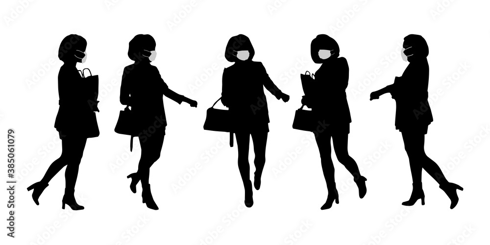 Vector concept conceptual  silhouette women taking while social distancing as means of prevention and protection against coronavirus contamination. A metaphor for the new normal.
