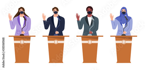 Smiling Woman in Suit and Face Mask Waving hand in an Election & Political Campaign or Debate During Pandemic. Multicultural and Diversity Big People Flat Design Cartoon Style Vector Illustration