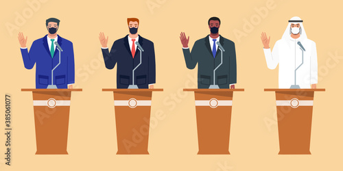 Smiling Man in Suit and Face Mask Waving hand in an Election & Political Campaign or Debate During Pandemic. Multicultural and Diversity Big People Flat Design Cartoon Style Vector Illustration