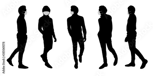 Vector concept conceptual  silhouette men talking while social distancing as means of prevention and protection against coronavirus contamination. A metaphor for the new normal.