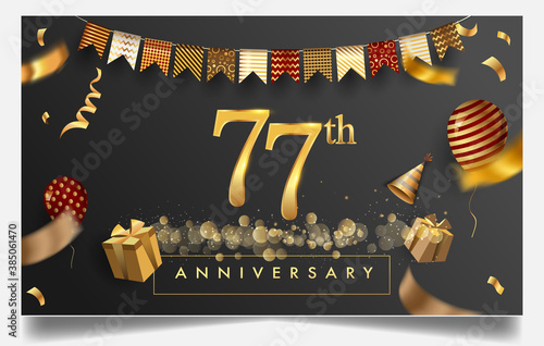 77th years anniversary design for greeting cards and invitation, with balloon, confetti and gift box, elegant design with gold and dark color, design template for birthday celebration photo
