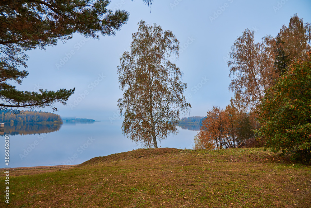 The river is surrounded by trees with yellowed foliage. The river is surrounded by trees with yellowed foliage.