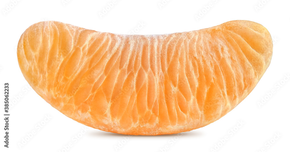 Orange slice isolated on white background. Juicy sweet chunk of orange or segment of tangerine with ripe pulp. Front view. Clipping path