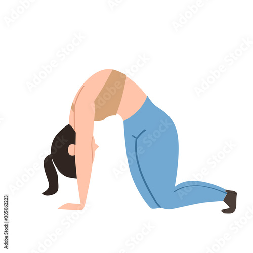 The girl is on all fours in the pose of an angry cat. Exercises for the back. Vector illustration on a white isolated background.