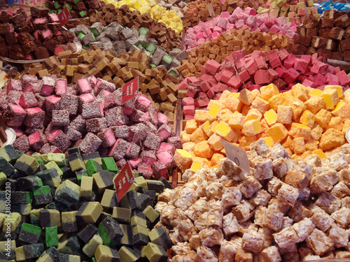 British handmade fudges with different flavors on a Christmas market stall in Manchester, UK.