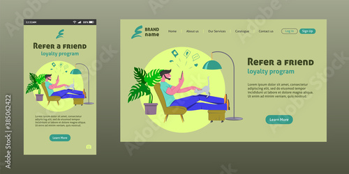 Referral marketing landing page, refer a friend loyalty program, social media promotion.