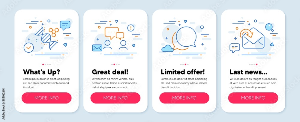 Set of Education icons, such as Chemistry dna, People chatting, Chat message symbols. Mobile screen mockup banners. Receive mail line icons. Chemical formula, Conference, Speech bubble. Vector
