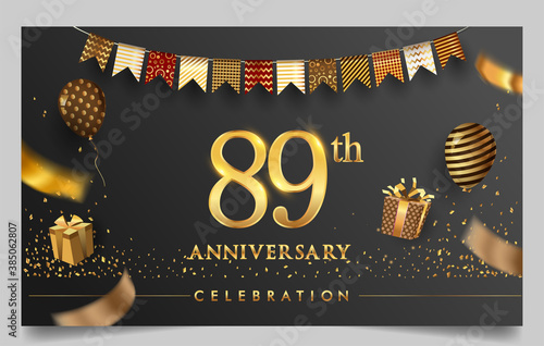 89th years anniversary design for greeting cards and invitation, with balloon, confetti and gift box, elegant design with gold and dark color, design template for birthday celebration photo