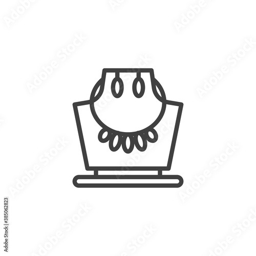 Jewellery earrings and necklace with pendant line icon. linear style sign for mobile concept and web design. Necklace and earring mannequin display outline vector icon. Symbol, logo illustration