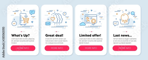 Set of Business icons, such as Refrigerator, Seo certificate, Friends couple symbols. Mobile app mockup banners. Ice cream line icons. Fridge shopping, Statistics, Friendship. Sundae cup. Vector