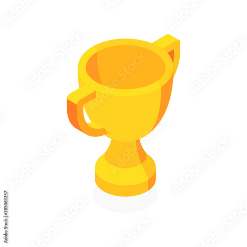Golden trophy cup. First place. Flat 3d vector isometric illustration isolated on white background.