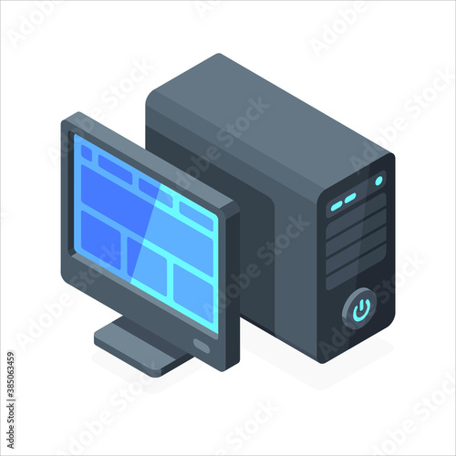 Desktop monitor with system case. Black computer. Flat 3d vector isometric illustration isolated on white background.