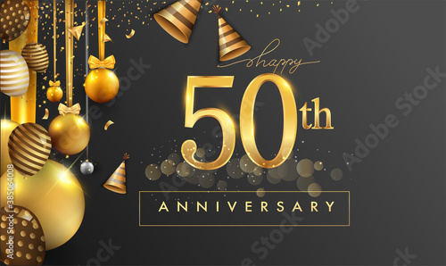 50th years anniversary design for greeting cards and invitation, with balloon, confetti and gift box, elegant design with gold and dark color, design template for birthday celebration