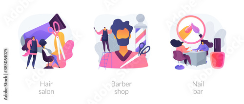Beauty salon abstract concept vector illustration set. Hair salon, barbershop, nail bar, Haircut service, beard shaving, nail polish, french manicure, hairstylist chair and scissors abstract metaphor.