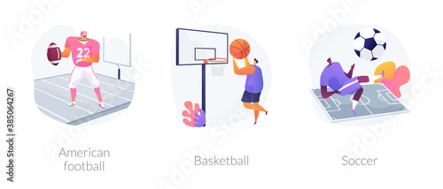 Playing game abstract concept vector illustration set. American football, basketball and soccer, touchdown, training field, professional league, world championship, grass field abstract metaphor.