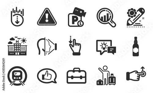 Touchscreen gesture, Face id and Feedback icons simple set. Metro subway, Project edit and Idea lamp signs. Airport transfer, Scroll down and Portfolio symbols. Flat icons set. Vector