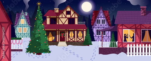 Festive winter village. Background with timber framing houses, people, trees. New Year and Christmas holidays landscape. Vector illustration for poster, card, background.