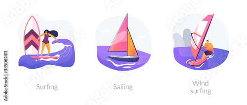 Summer adventure sport abstract concept vector illustration set. Surfing, sailing and windsurfing, yacht club, beach holiday, extreme lifestyle, water sport, summer vacation abstract metaphor.