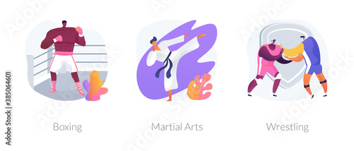 Combat sport abstract concept vector illustration set. Boxing, martial arts, wrestling training, boxer glove and ring, fight club, karate class, self-defense, professional fighter abstract metaphor.
