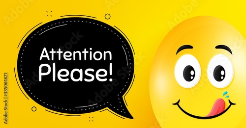 Attention please. Easter egg with yummy smile face. Special offer sign. Important information symbol. Easter smile character. Attention please speech bubble. Yellow yummy egg background. Vector