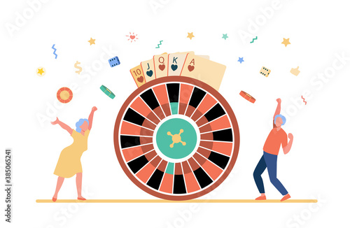 Aged people winning money in casino. Slot machine, playing cards, gamblers. Flat vector illustration. Gambling concept can be used for presentations, banner, website design, landing web page