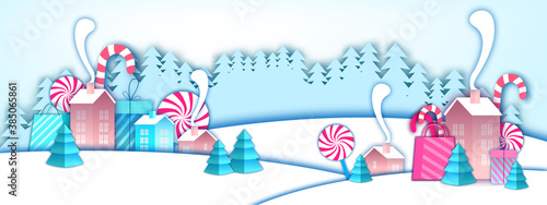 Winter holiday vector landscape with Santa Claus village, lollypops, candy cane, gift boxes, x-mas shopping bags. Christmas paper cut background for sale banners. Winter craft landscape with houses