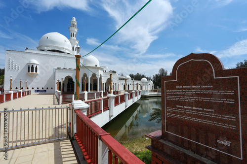 Malaysia, 1/1/2019: The Tengku Tengah Zaharah Mosque or the Floating Mosque is the first real floating mosque in Malaysia. It is situated in Kuala Ibai Lagoon, 4 km from Kuala Terengganu Town. photo