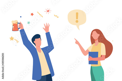 Woman with paper pointing finger at man with beer. Flat vector illustration. Soberness, alcohol. Health concept can be used for presentations, banner, website design, landing web page