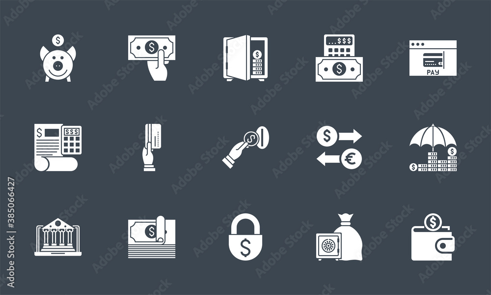 Banking icons set. Related vector glyph icons. Isolated onblack background. Vector illustration. Banking icons set. Related vector glyph icons. Isolated onblack background. Vector illustration.