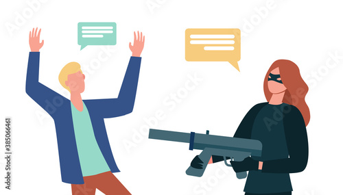 Woman with gun attacking man in cyberspace. Flat vector illustration. Crime, terror, victim. Criminal concept can be used for presentations, banner, website design, landing web page