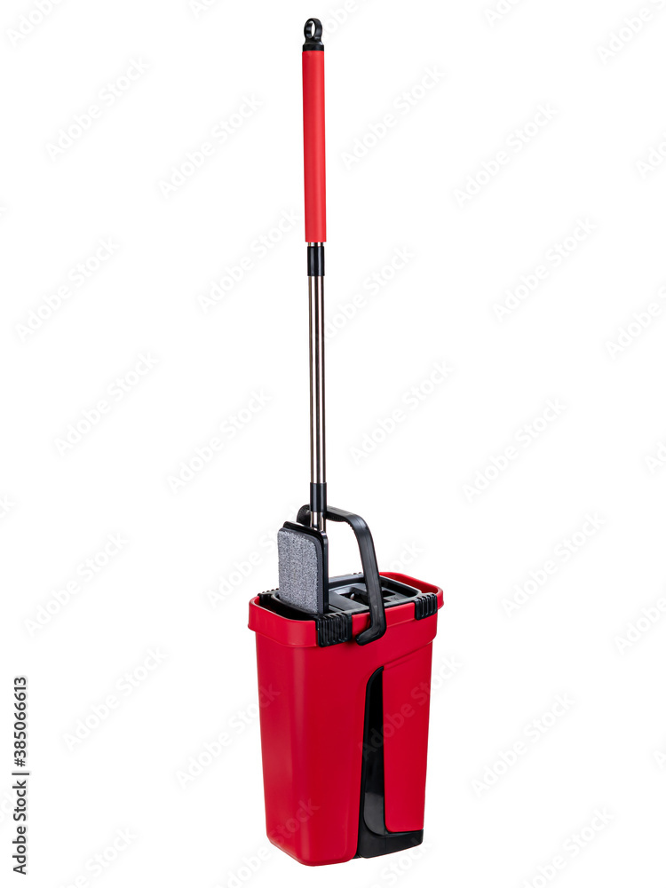 Fototapeta premium floor cleaning brush black with red bucket and spin