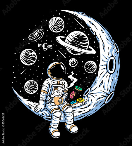 Astronauts drinking coffee and eating donuts on the moon illustration