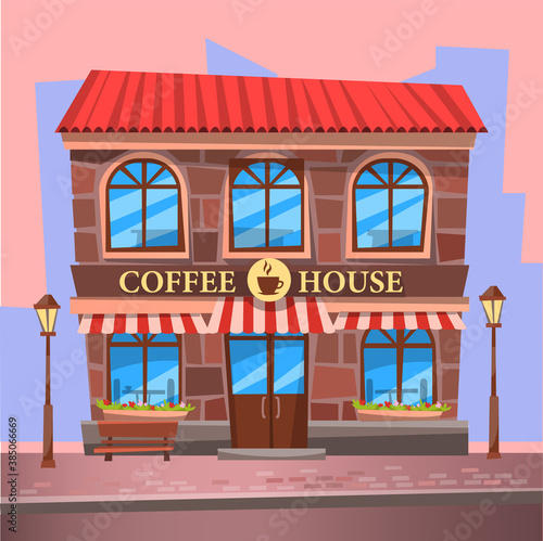 Coffee house and city background. Central cafe on street with lamp posts and wooden bench. Urban cafeteria, public place, building facade vector illustration