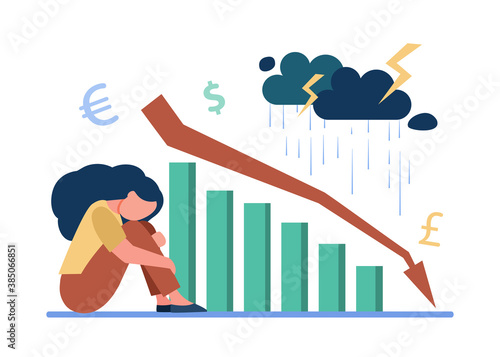 Person suffering from financial crisis illustration. Graph, loss, bankruptcy. Finance and investment concept can be used for presentations, banner, website design, landing page