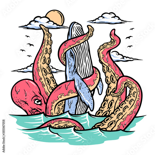 Giant octopus attacks whales illustration