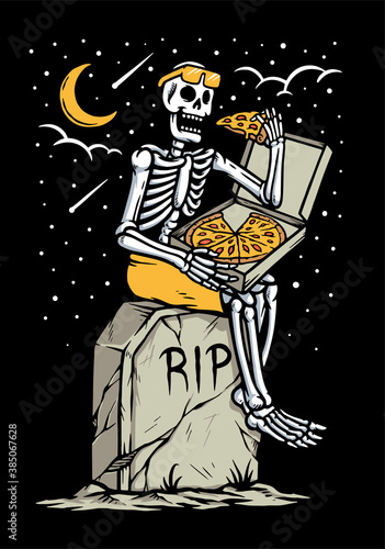 Skull eating pizza at grave illustration