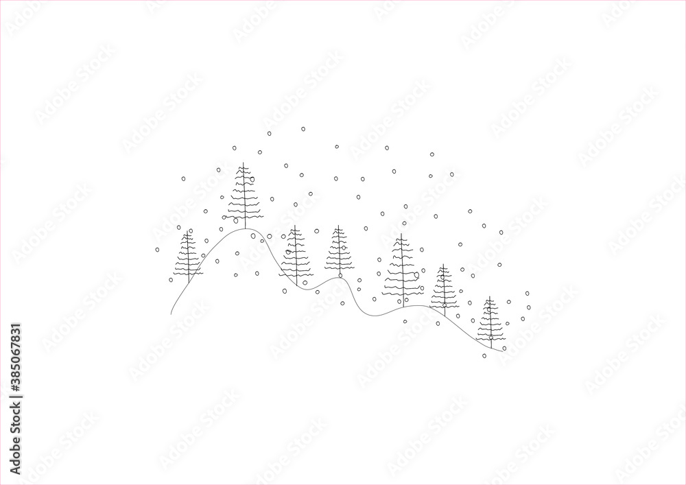 Creative hand drawn christmas trees on a hill, puristic black lines, snowflakes, copy space, isolated for own background