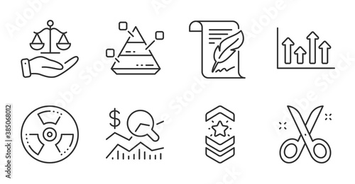 Chemical hazard, Justice scales and Upper arrows line icons set. Pyramid chart, Check investment and Shoulder strap signs. Scissors, Feather symbols. Toxic, Judgement, Growth infochart. Vector