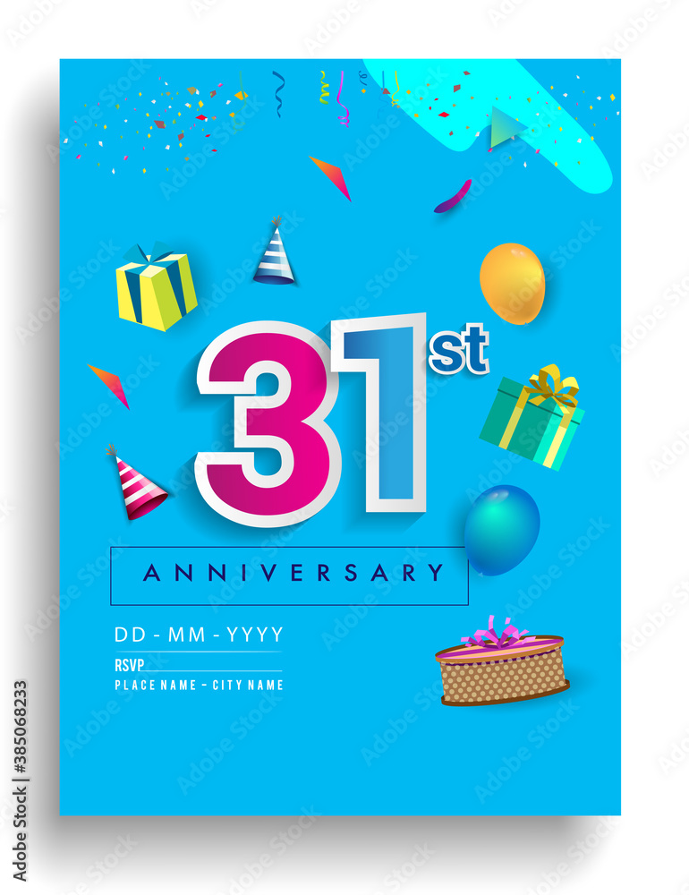 31st Years Anniversary invitation Design, with gift box and balloons, ribbon, Colorful Vector template elements for birthday celebration party.