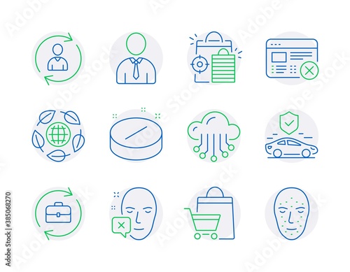 Business icons set. Included icon as Human, Medical tablet, Person info signs. Seo shopping, Reject web, Sale bags symbols. Transport insurance, Human resources, Cloud storage. Eco organic. Vector