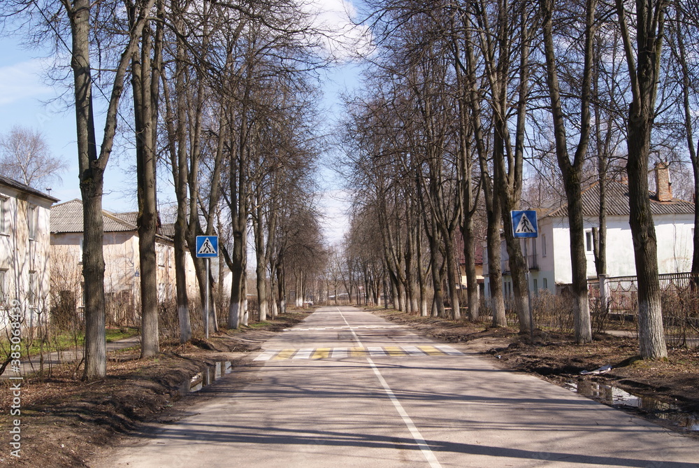 Noginsk, Moscow region, Russia - April 2020. Quiet provincial street in early spring. Trees without leaves along the road. Pedestrian crossing.
