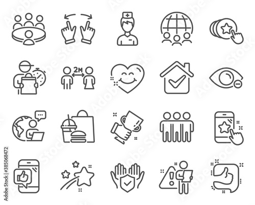 People icons set. Included icon as Friendship, Global business, Winner cup signs. Like, Myopia, Star rating symbols. Doctor, Insurance hand, Move gesture. Meeting, Hold heart, Mobile like. Vector