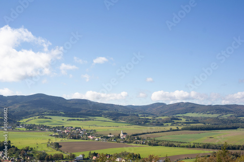 Rychleby (Rychlebske mountains), Czech Republic / Czechia - village and rural area is surrounded by beautiful nature - hills and mountains. Sunny landscape during summer