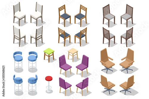 Isometric Chair Set Isolated on White. Chair Comfortable Furniture Armchair Design, Different Types. Interior Seat Design Element.