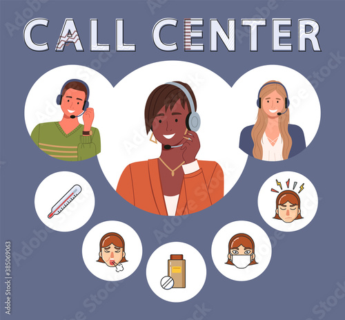 Call center concept design. Hotline workers advise customers on urgent health conditions. Service like 911. Men and women wearing headset conceptual customer service and communication. Flat image